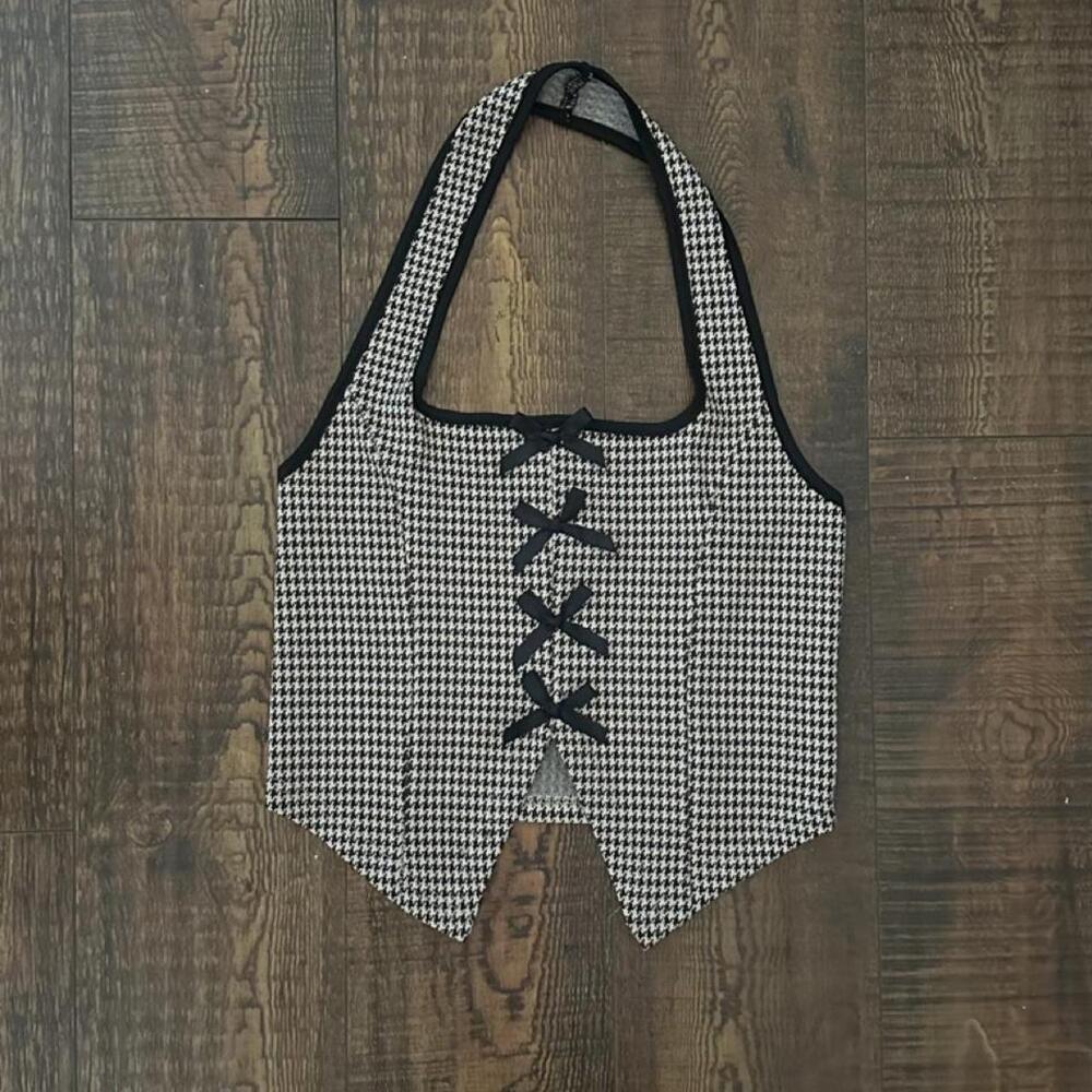 Nordstrom rack collection Black and white houndstooth corset top with lace-up de